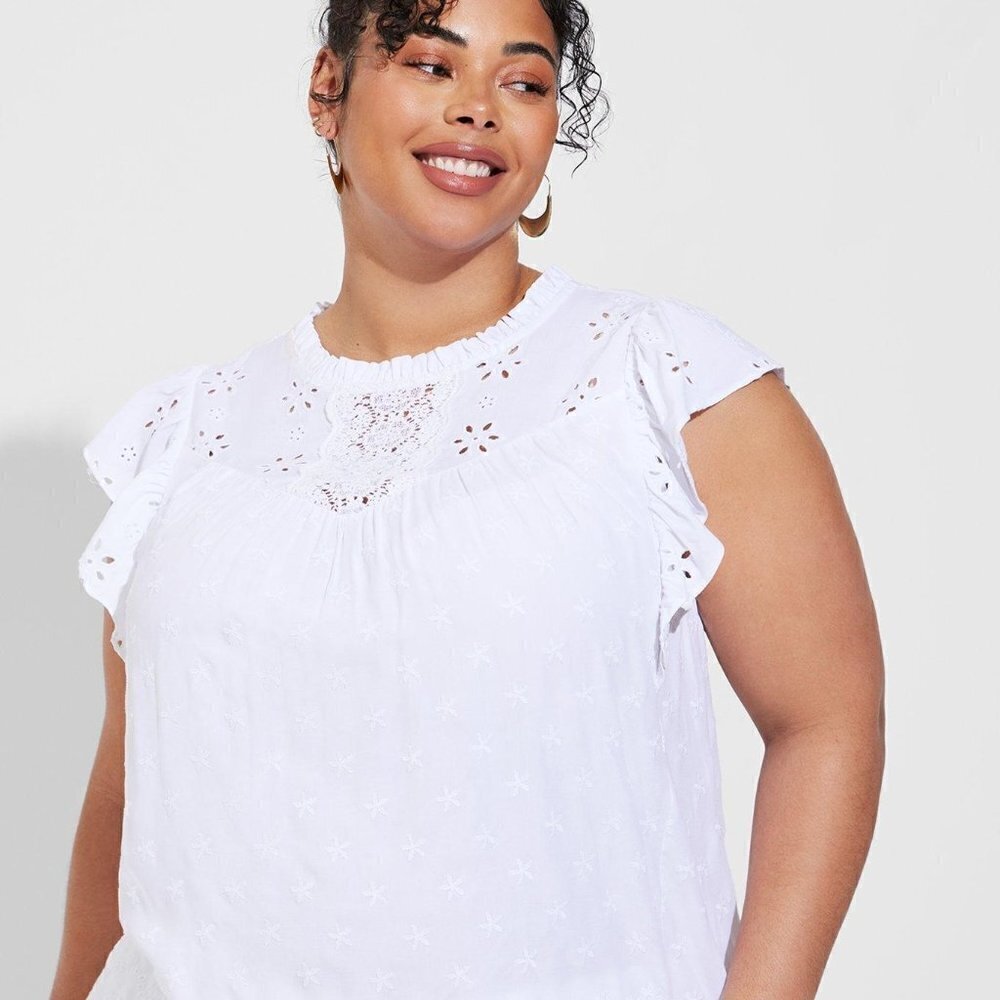 Torrid - Eyelet Ruffle Sleeve Top in Bright White